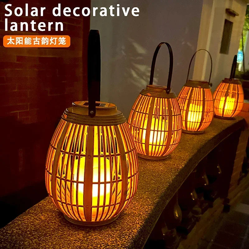 lanterne solaire en rotin pour balcon et jardin décoratif - vue 2 sur 6