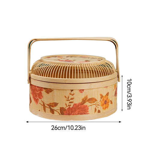 Handmade Woven Basket With Hollow Cover, 26x26x10cm Kitchen Bamboo Woven Tote Basket For New Year And Spring Festival - vue 3 sur 7