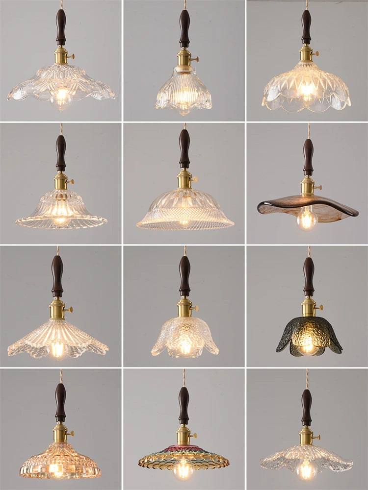 suspension moderne en laiton avec abat-jour rustique en verre de noyer - vue 4 sur 30
