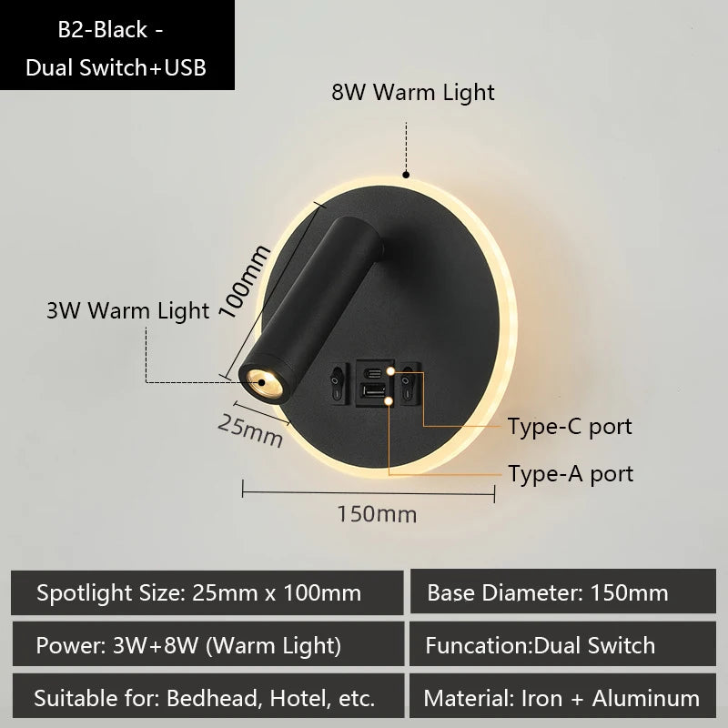 applique murale led moderne avec ports usb et lampes de lecture réglables - vue 14 sur 16