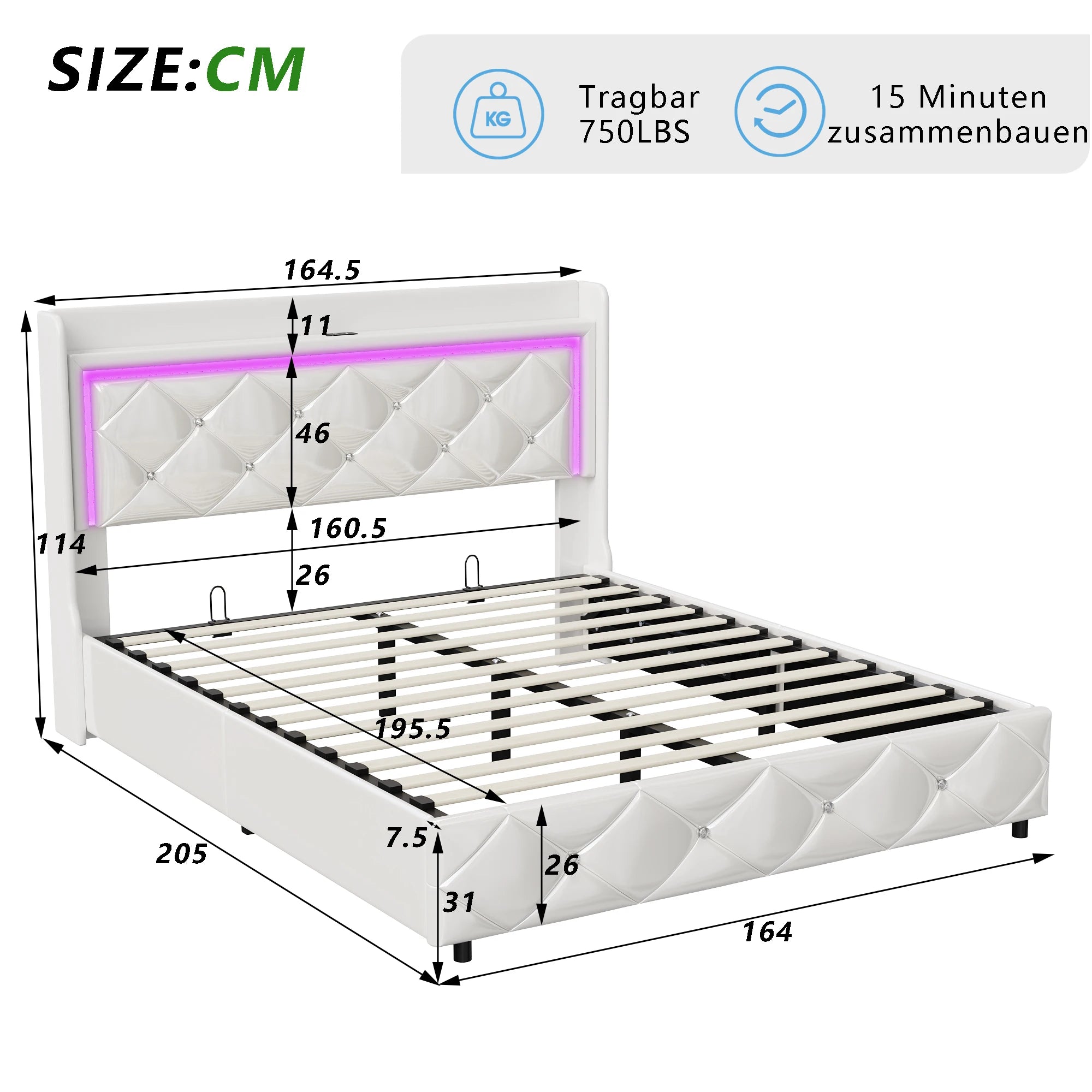 Upholstered Bed with LED Light, Charging Function, Air Pressure Metal Frame and Wooden Slatted Frame, PU, Without Mattress - vue 2 sur 6