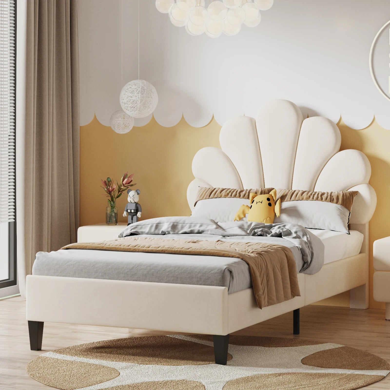 Youth Bed, Upholstered Bed, Skin-friendly Velvet Fabric, With Solid Flower-shaped Headboard and Slatted Frame, 90 x 200 cm