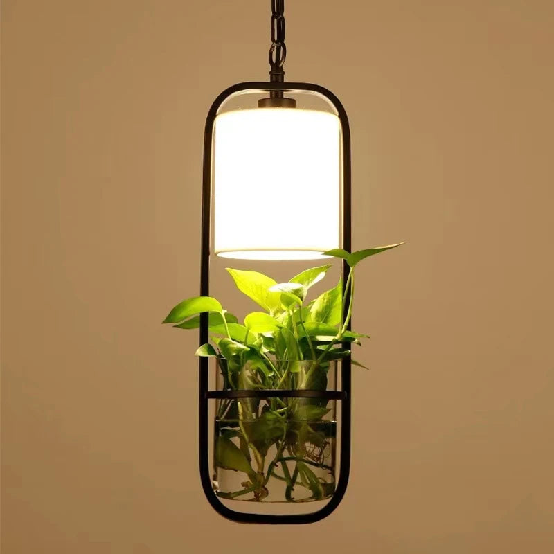 Suspension moderne en cage avec abat-jour en verre et fer - vue 6 sur 7