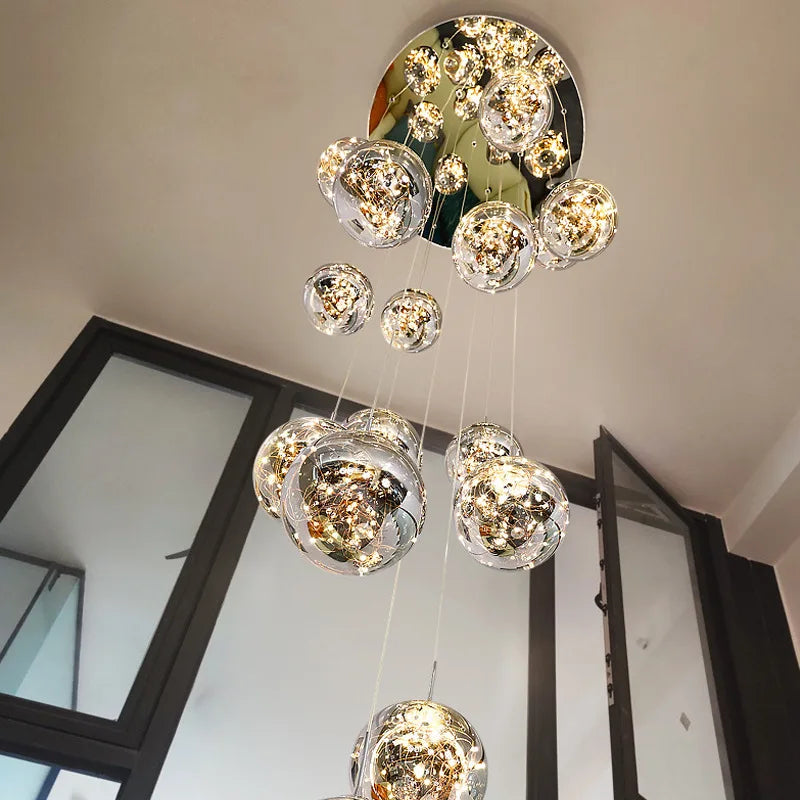 lustre moderne en colimaçon avec éclairage led et boule de cristal