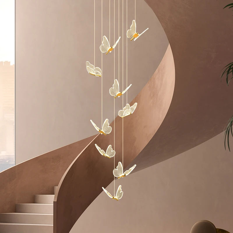 lustre d'escalier moderne acrylique forme de papillon Duplex salon salle à manger Art LED lustre d'escalier lustre en cristal