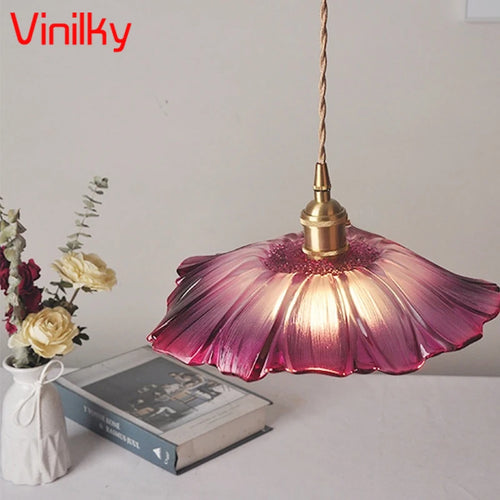 Minimalist nordic pendant light japanese style brass glass flower lamp - vue 5 sur 13