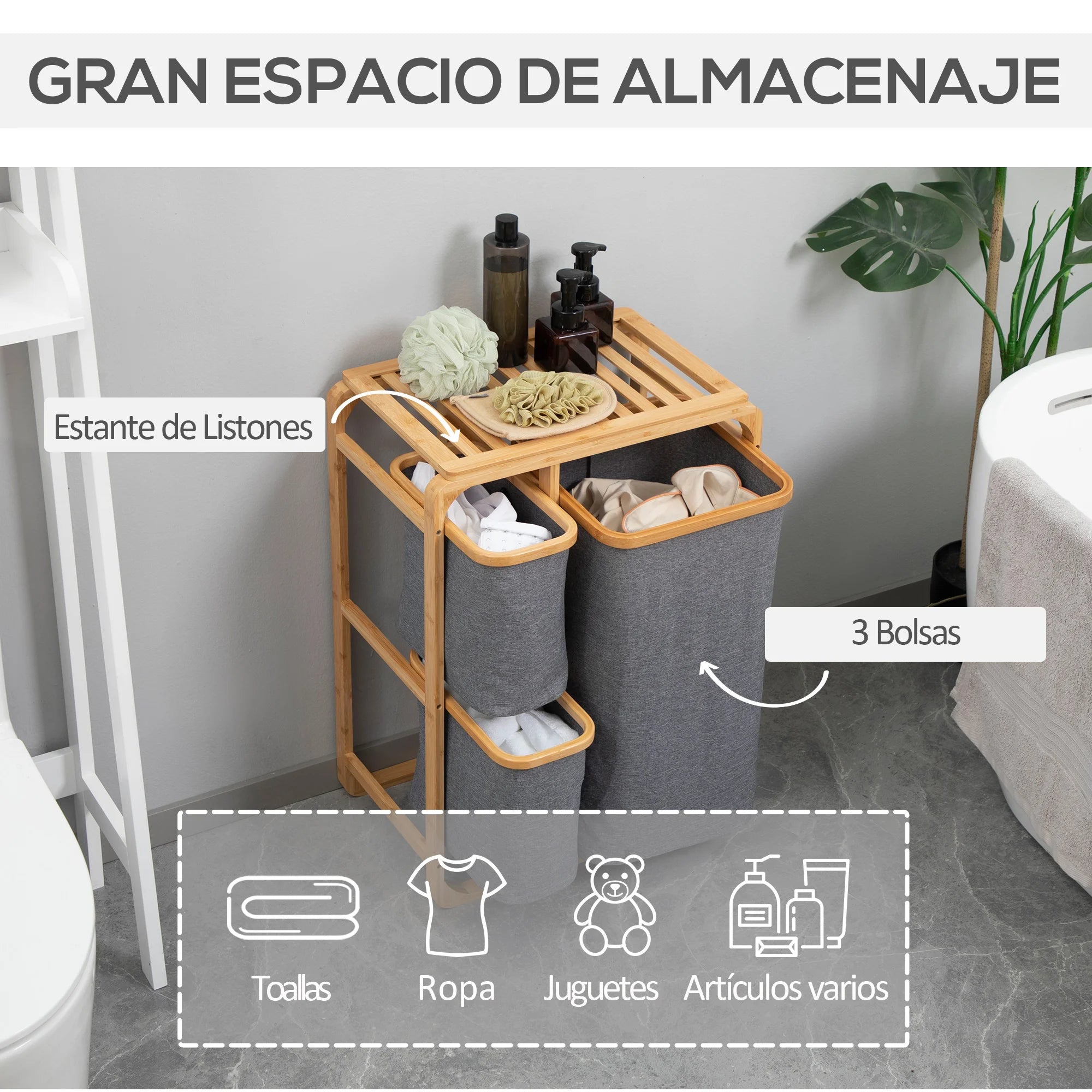 HOMCOM bamboo laundry hamper 3 removable fabric bags 50x32x69,7 cm - vue 4 sur 7
