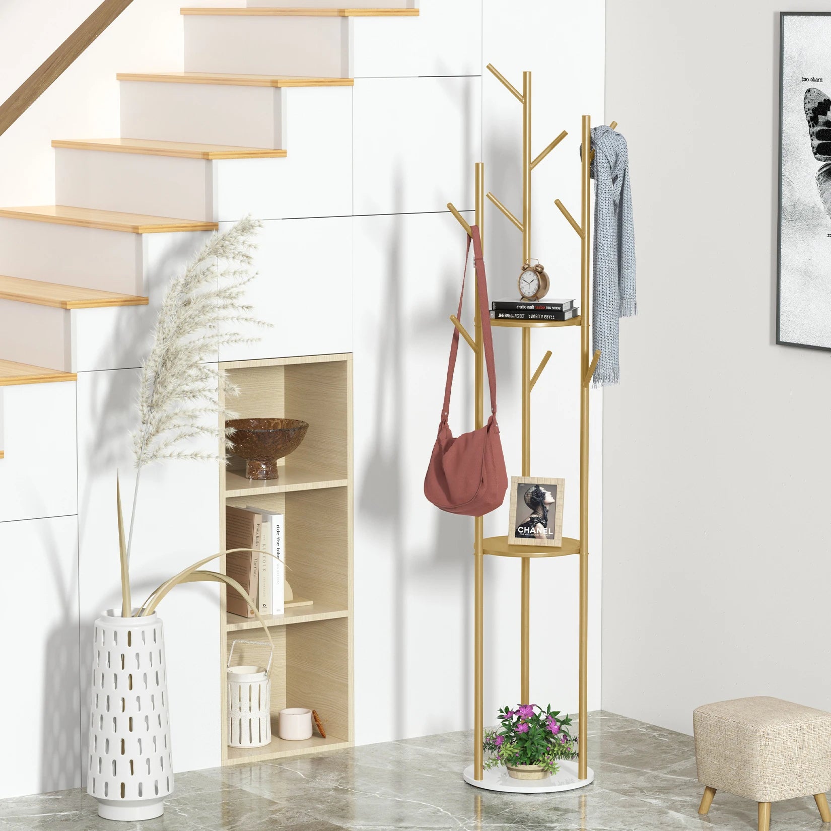 Marble Metal Coat Rack Freestanding with 3 Storage Shelves and 9 Hooks, Enterway Hall Tree for Hanging Coats, Jackets, Hats, Bag - vue 4 sur 7