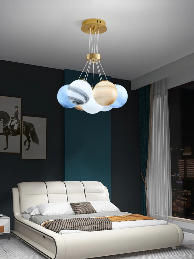lustre sphérique planète led moderne réglable en hauteur pour décoration - vue 5 sur 19