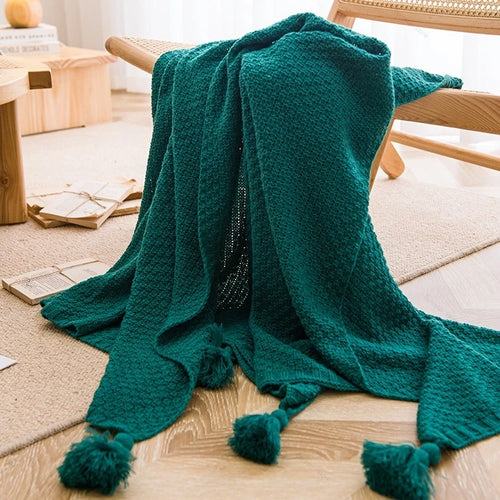 Plaid grosse maille gaufrée avec pompons style nordique