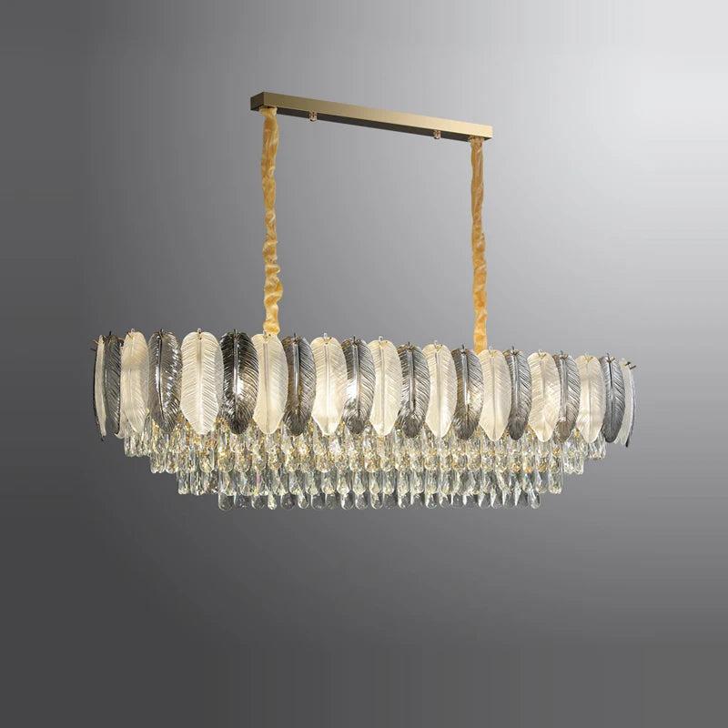 lustre suspendu led art déco en cristal et plumes blanches et grises - vue 3 sur 17