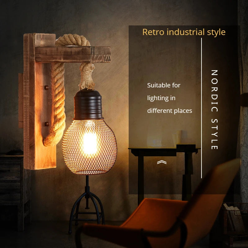 Vintage industrial wooden wall light with hemp rope - vue 3 sur 17