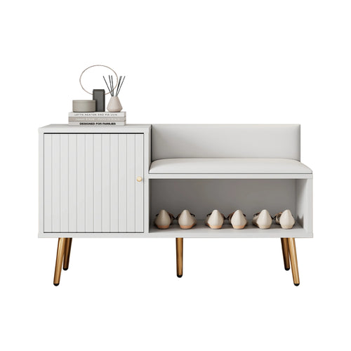 Modern luxury shoe chest in white with storage, upholstered bench and backrest shoe rack with metal handles and Meta - vue 5 sur 6