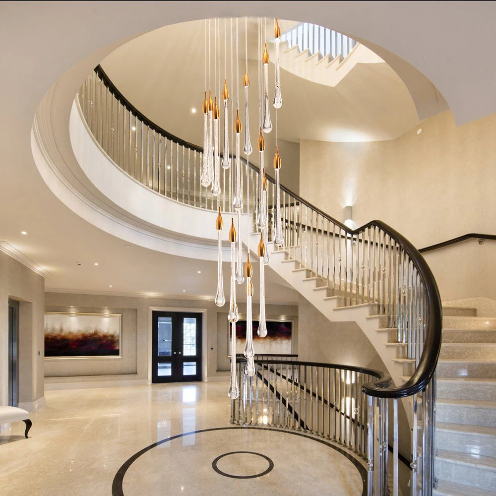 lustre led moderne en cristal pour grand escalier - vue 5 sur 19
