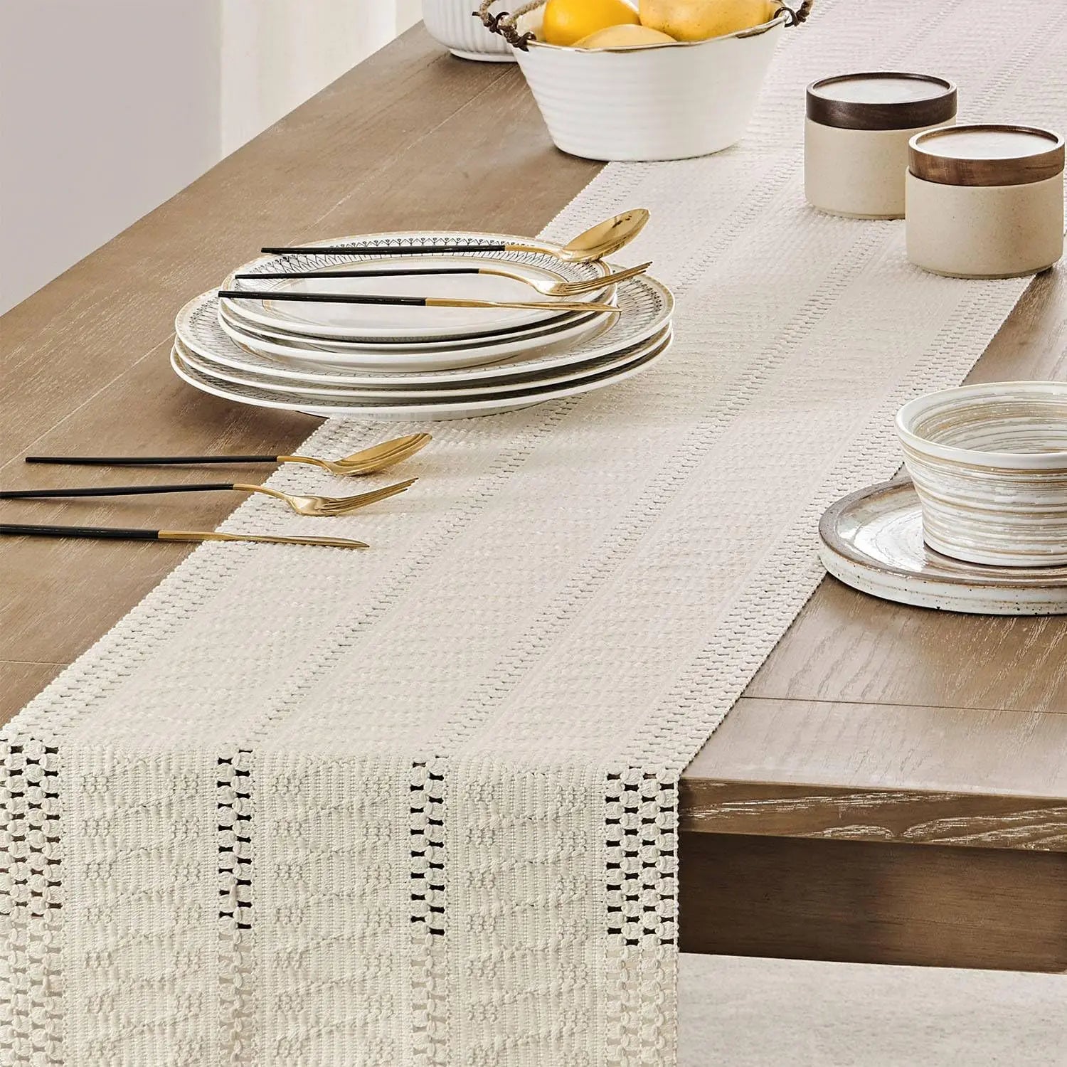 Chemin de table macramé bohème ivoire franges tissé - vue 7 sur 7