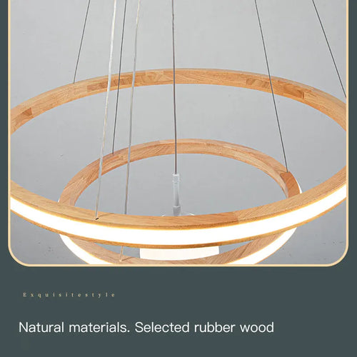 lustre en bois moderne avec anneaux lumineux et verre - vue 7 sur 9