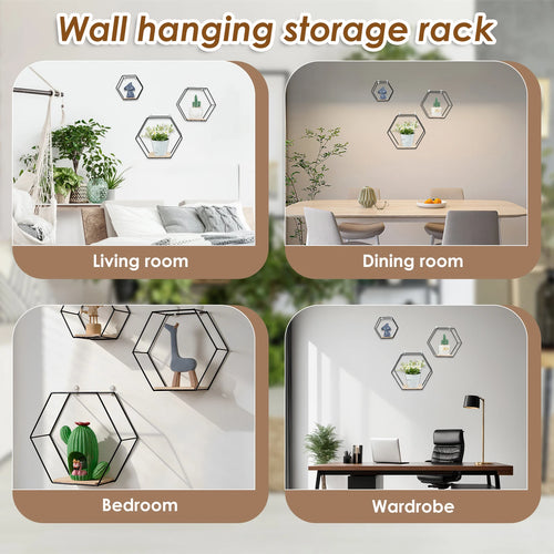 Set of 3 hexagonal floating wall shelves for home decoration - vue 9 sur 9