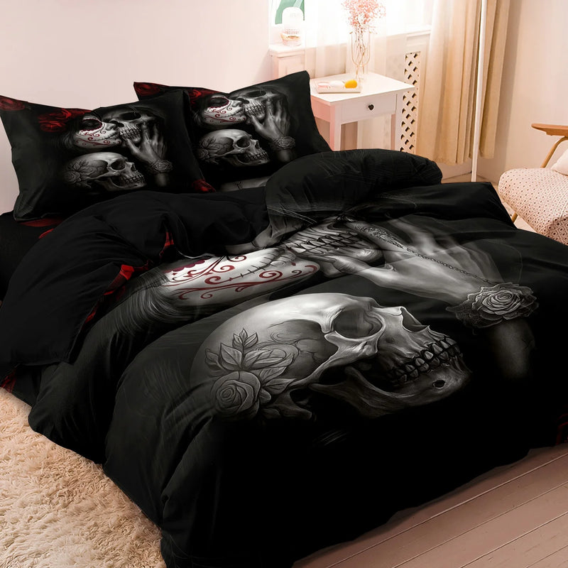 parure de lit florale et crânes de sucre mexicains