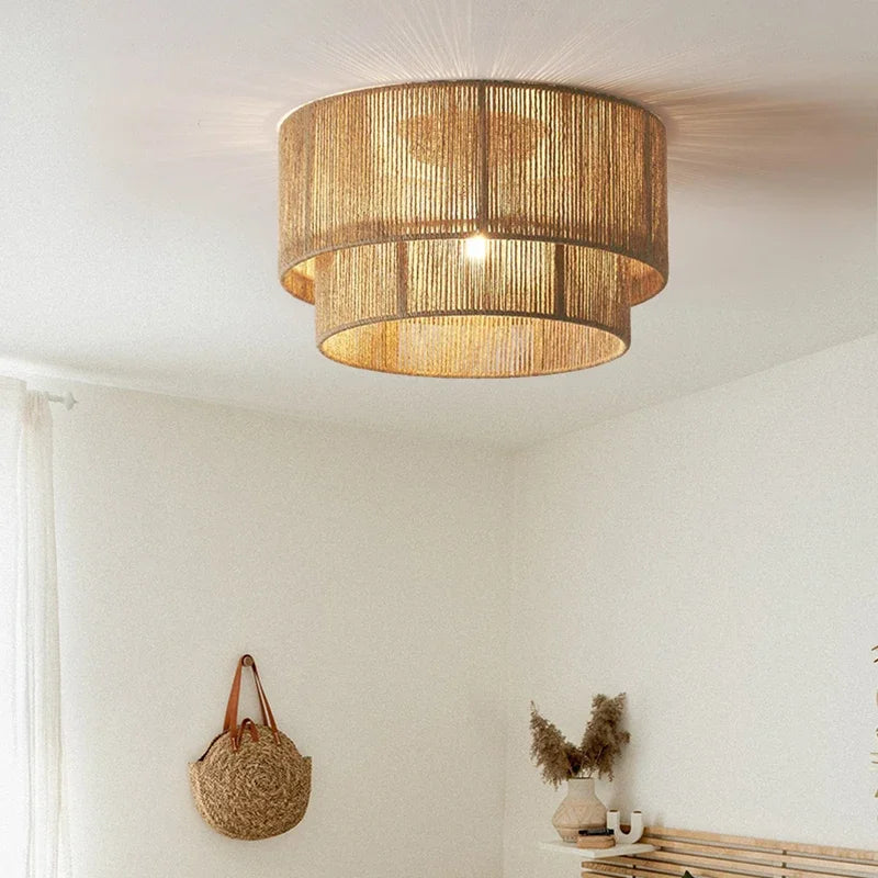 lustre style japonais en rotin et corde de chanvre nordique vintage