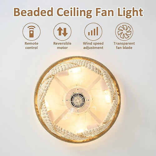 plafonnier led bohémien en perles de bois avec télécommande style nordique vintage