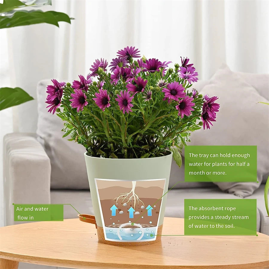 5pack 5inch Self Watering Pots for Indoor Plants,Flower Pots Planter with Drainage Holes and Wick Rope - vue 5 sur 7