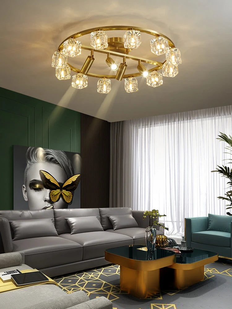 plafonnier en cuivre or noir argent cube cristal LED design moderne 2024 - vue 5 sur 10