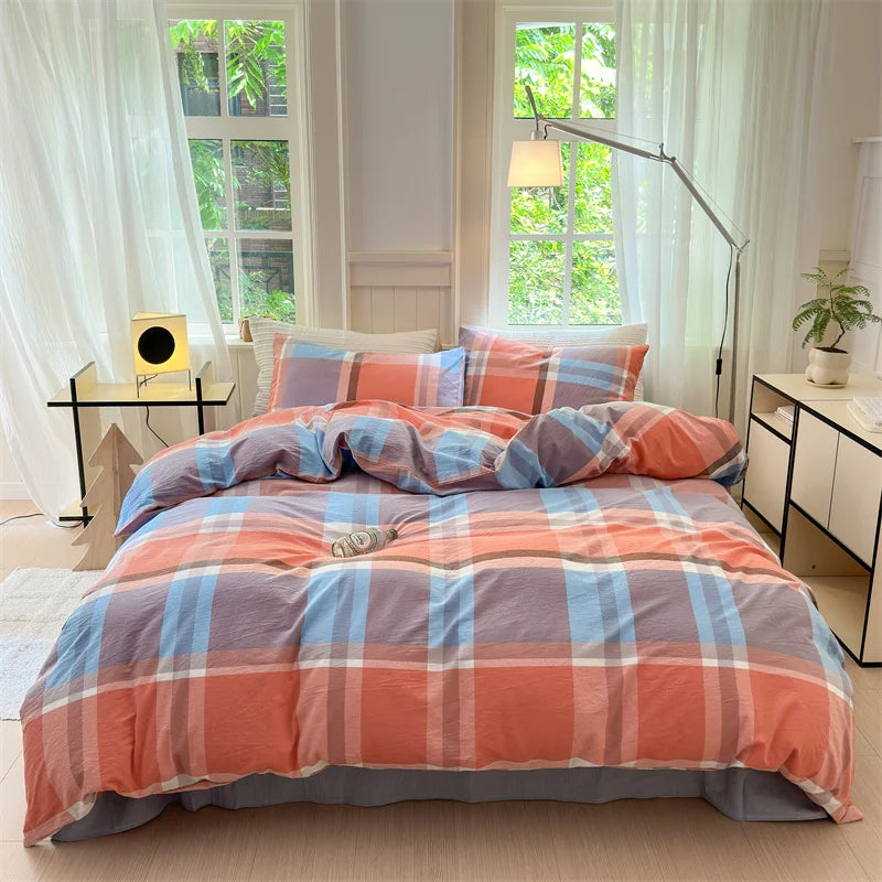 housse de couette en coton lavée à carreaux douce et confortable