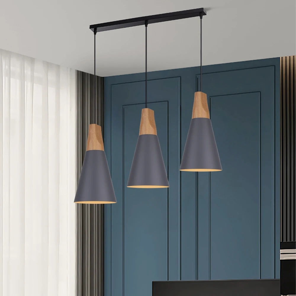 suspension macaron nordique en bois 3 têtes pour bar restaurant - vue 4 sur 24