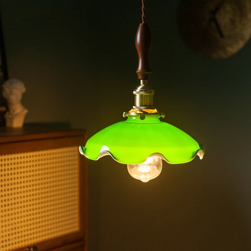 Suspension vintage style américain en cuivre bois et verre - vue 5 sur 30