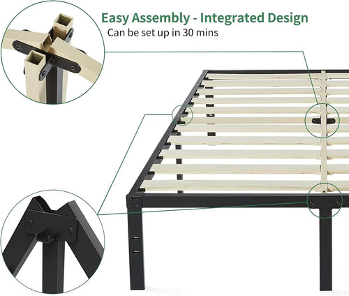 DDPNKL Metal Bed Frame 16 Inch, Heavy Duty Bed Frame with Wooden Slats, 16 Inch Mattress Foundation/No Box Spring Needed - vue 3 sur 10