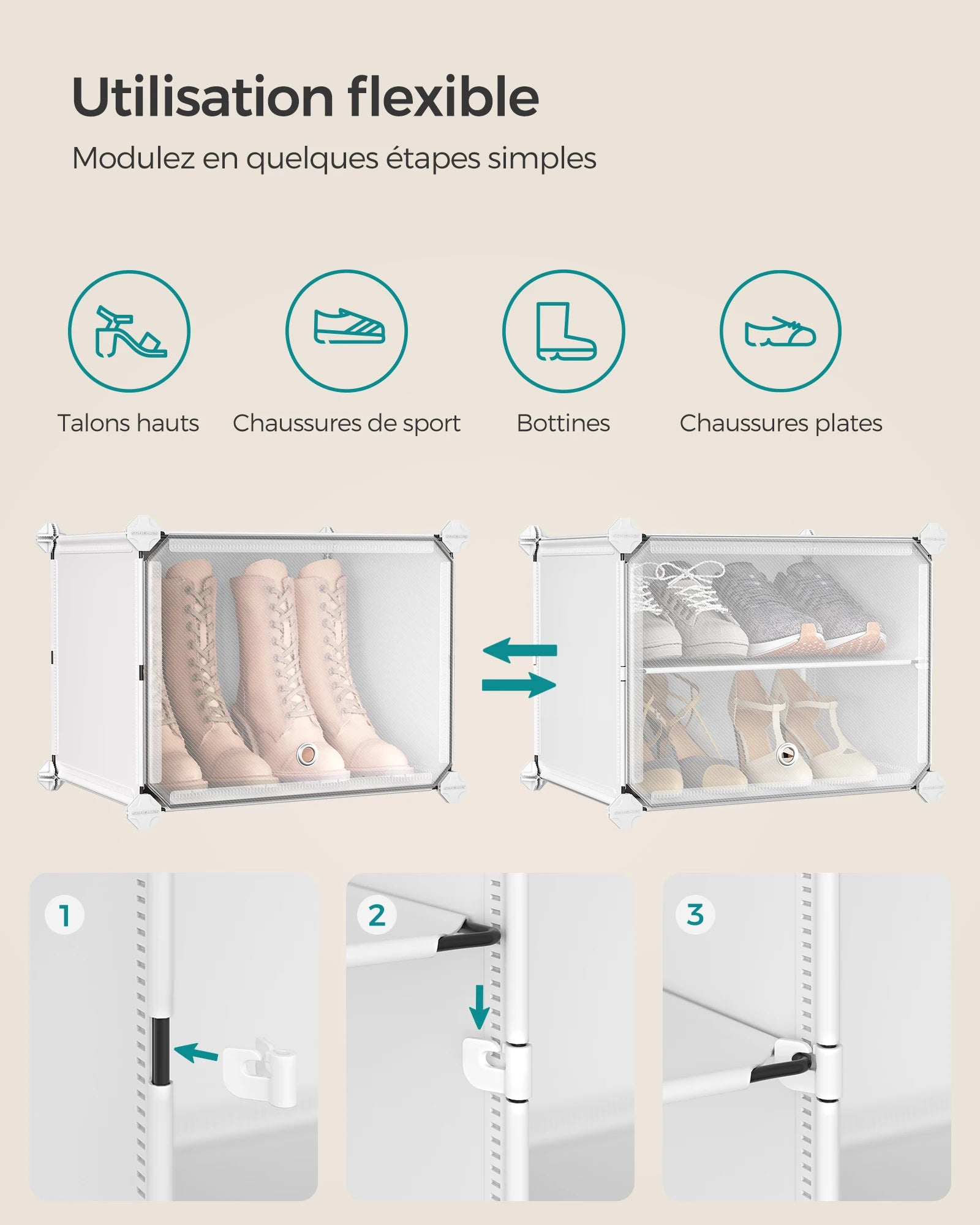 SONGMICS 12-Compartment Shoe Rack, Modular Storage Shelf, 30 x 40 x 30 cm Compartment, White - vue 4 sur 7