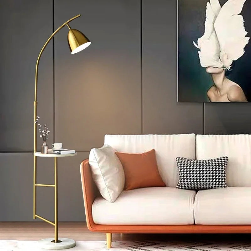 Nordic design gold shelf floor lamp with marble side table for living room, bedroom or office - vue 4 sur 10