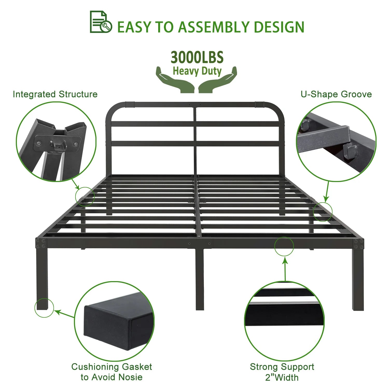 Heavy Duty Metal Bed Frame with Headboard, 3500 lbs Max Weight Capacity Metal Platform, Easy Assembly Mattress Foundation - vue 6 sur 10
