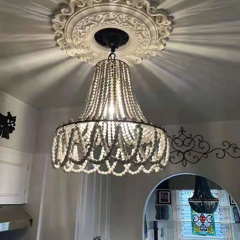 lustre en perles de bois style bohème nordique et rural américain