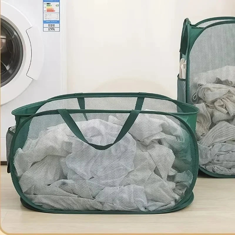 Durable Collapsible Laundry Basket, Mesh Pop Up Laundry Hamper With Side Pocket, Foldable Clothes Storage Hamper With Reinforced - vue 5 sur 9