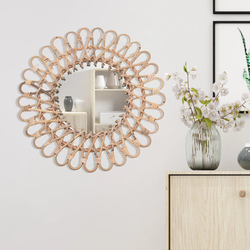 Wall Mirror, Round Wicker Rattan Decorative Mirror, Rustic Natural Rattan Wall Decor with Mounted Frame for Bathroom Hallway - vue 5 sur 7