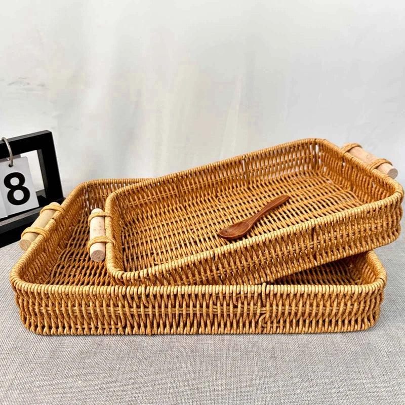 plateau de rangement en rotin tissé avec poignées en bois - vue 7 sur 11