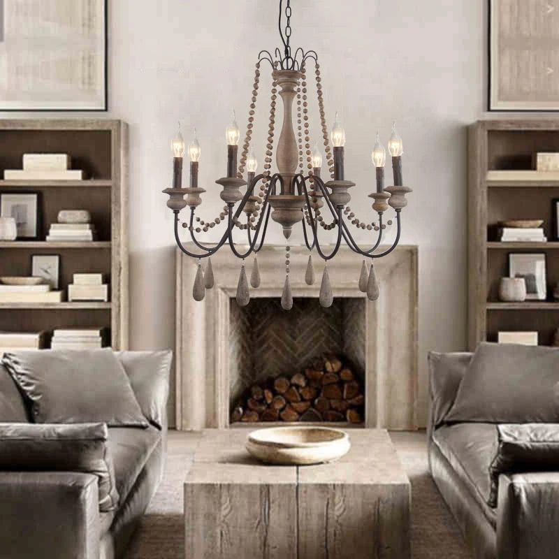 lustre vintage rustique en bois avec perles pour éclairage intérieur - vue 5 sur 6