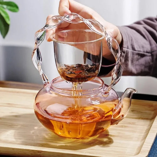 Théière verre borosilicate poignée articulée fonction papillon