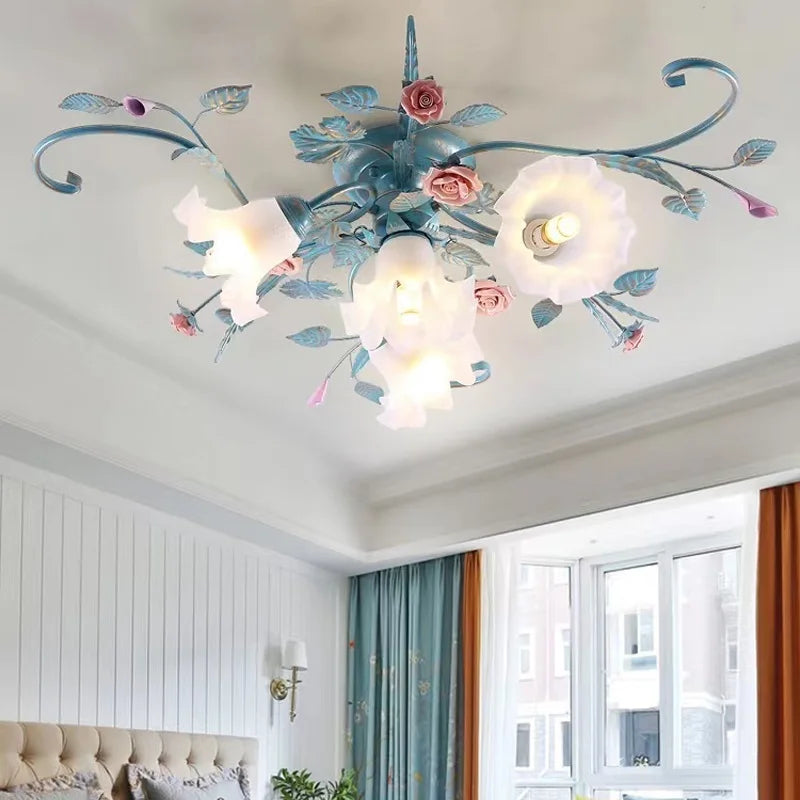 Romantique Chaud Fleur Plafonniers Fer Princesse Chambre Lampe Fille Salle De Mariage Luminaires Plafonniers Suspendus Pour La Maison Chambre - vue 3 sur 10