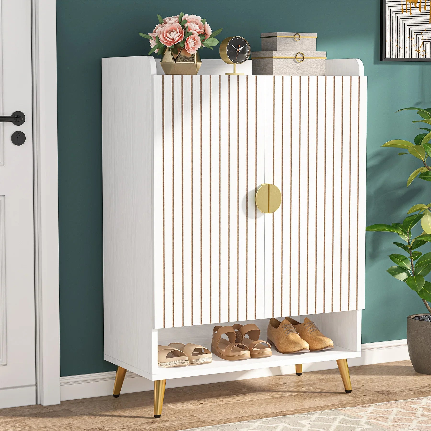 Tribesigns 7-Tier Shoe Cabinet with Doors, Shoe Storage Cabinet with Adjustable Shelves, Wooden Shoes Rack Shoe Storage
