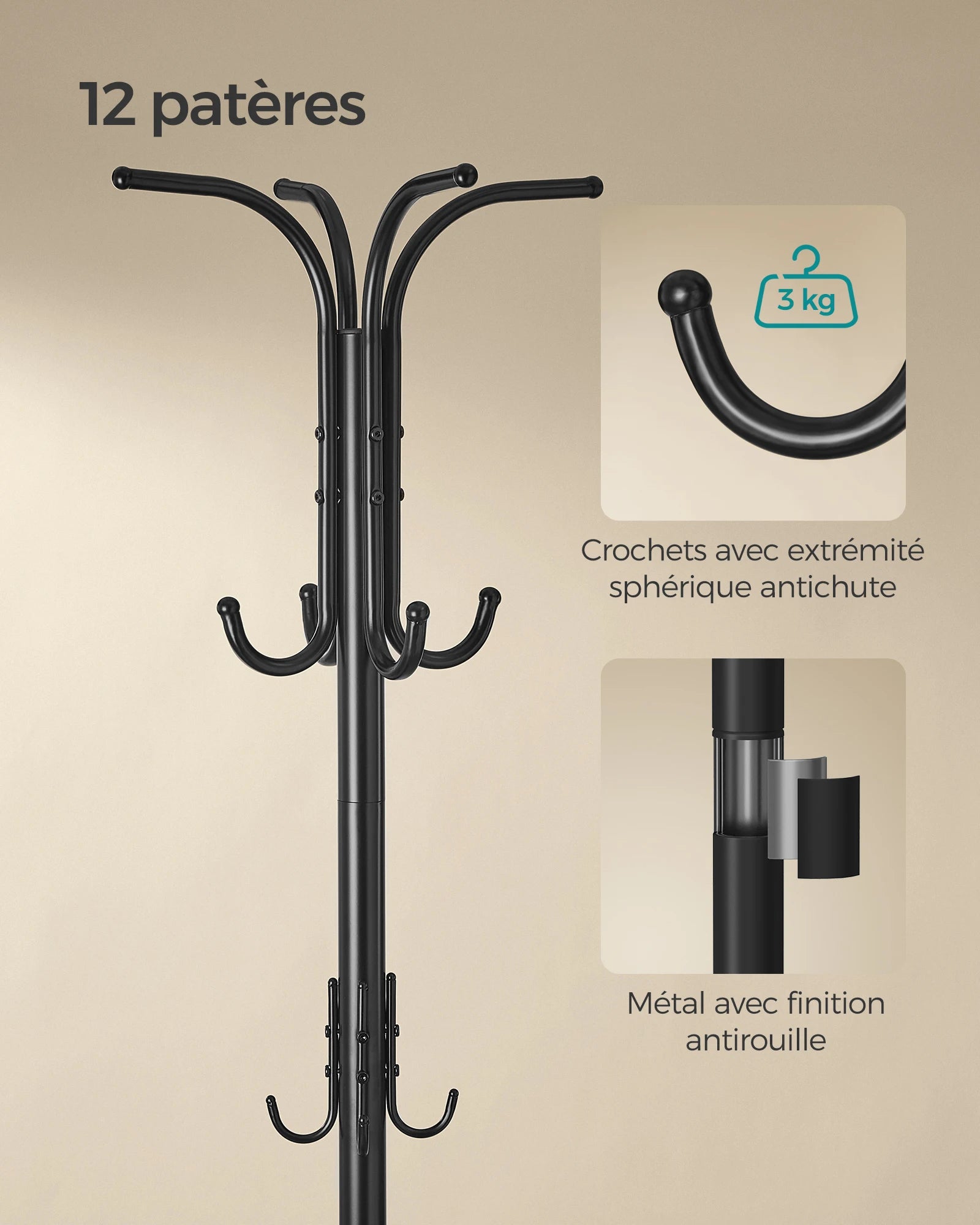 SONGMICS Coat Rack Freestanding, Coat Stand with Umbrella Holder, 12 Hooks, Metal, 175 cm Tall, for Entryway, Hallway - vue 5 sur 8