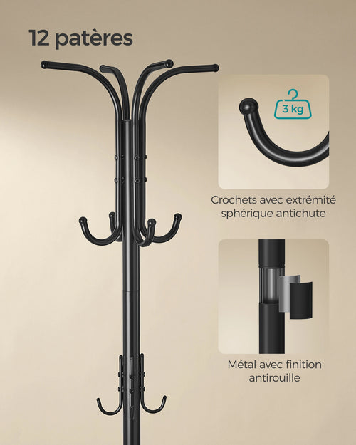 SONGMICS Coat Rack Freestanding, Coat Stand with Umbrella Holder, 12 Hooks, Metal, 175 cm Tall, for Entryway, Hallway - vue 6 sur 8