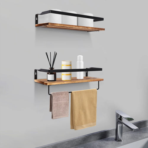 étagère murale en bois avec barre porte-serviettes à deux niveaux - vue 4 sur 7