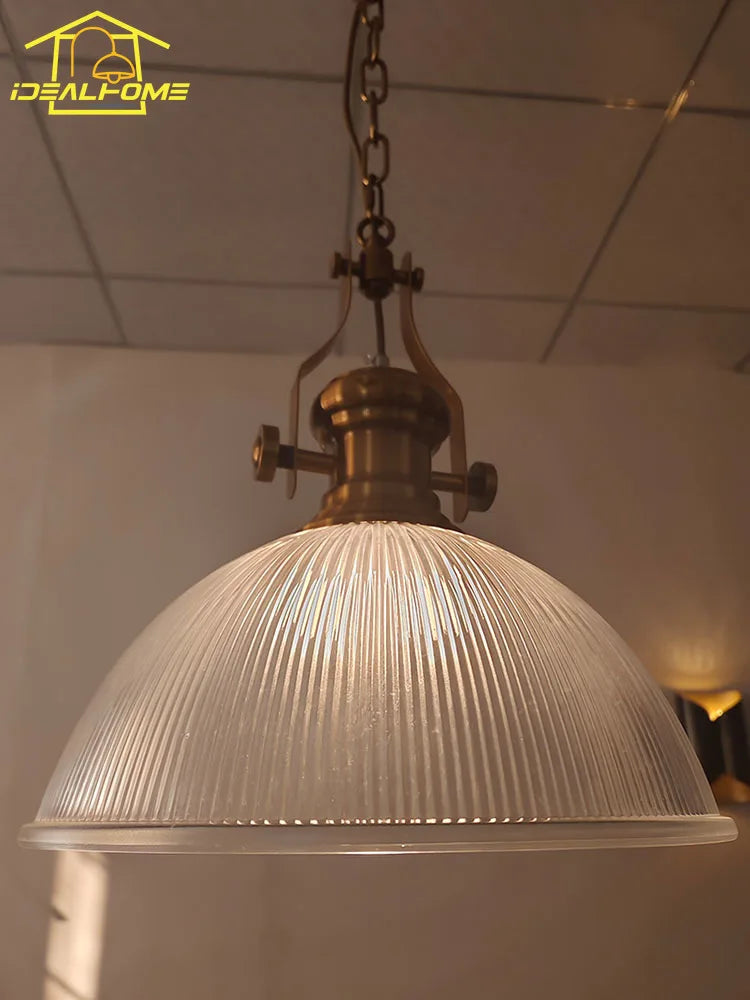 suspension vintage en fer style campagnard avec verre rayé - vue 5 sur 6