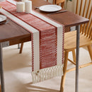 Chemin de table rayé bohème nordique pompons beige
