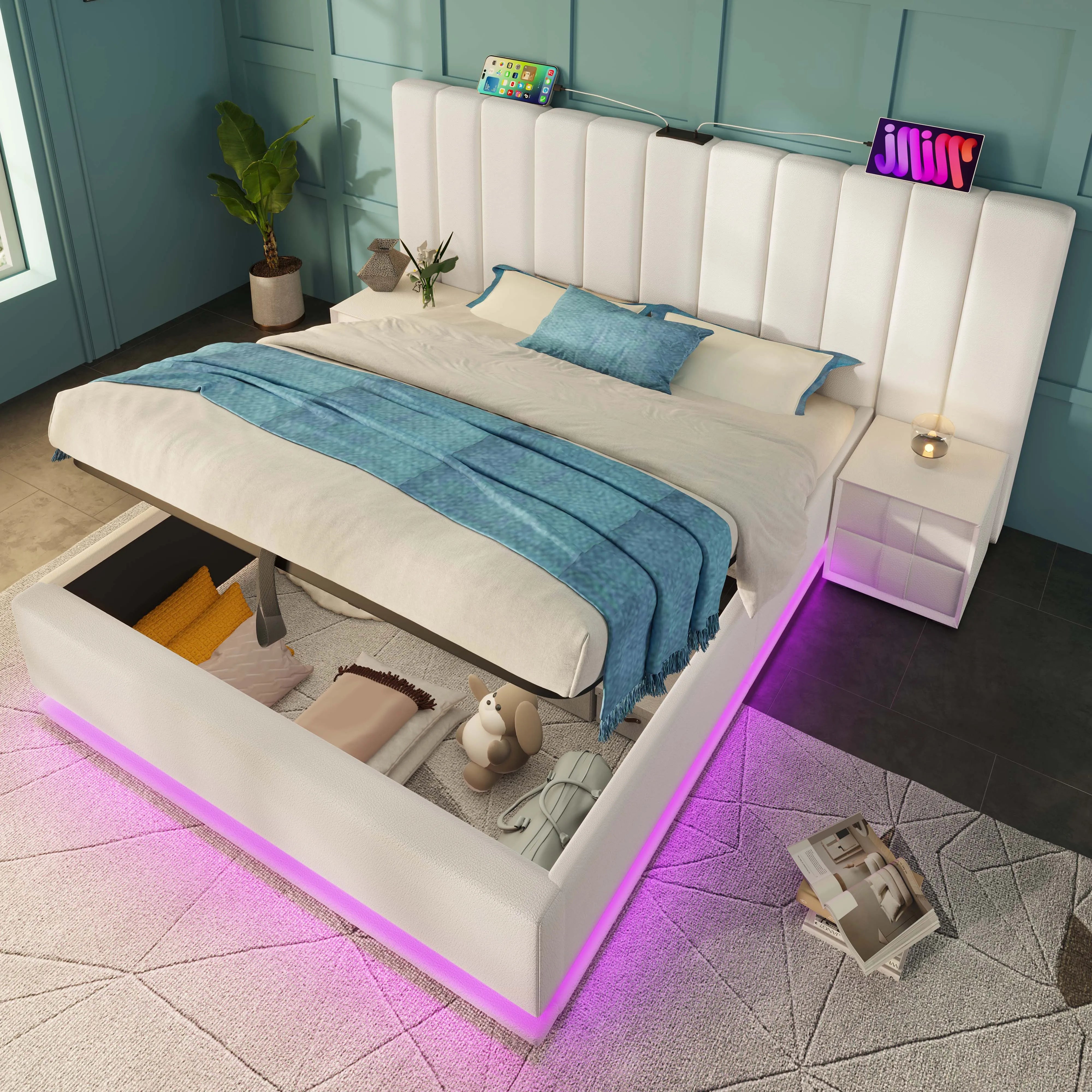 Upholstery bed 180 × 200, double bed storage bed with App Control LED and USB-C charging function, bed rack with slatted frame, PU, White, O - vue 3 sur 6