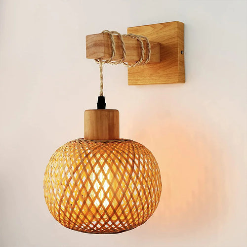 Applique murale luminaire applique en osier couloir suspendu lanterne en bois montage ferme appliques prise nuit bambou rotin salle de bain - vue 4 sur 4