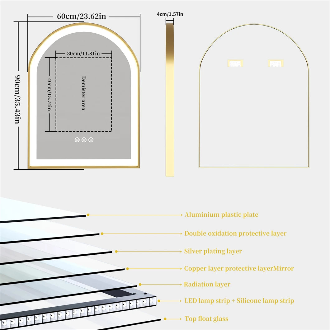 miroir mural à led doré anti-buée éclairage variable cadre en aluminium - vue 6 sur 6