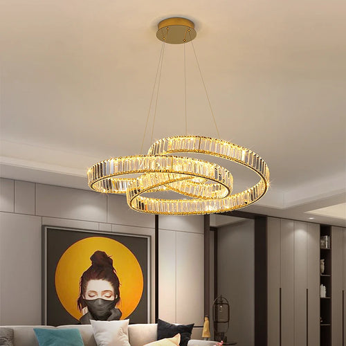 Modern postmodern luxury minimalist nordic crystal LED chandelier for living room or villa, circular ring - vue 5 sur 9